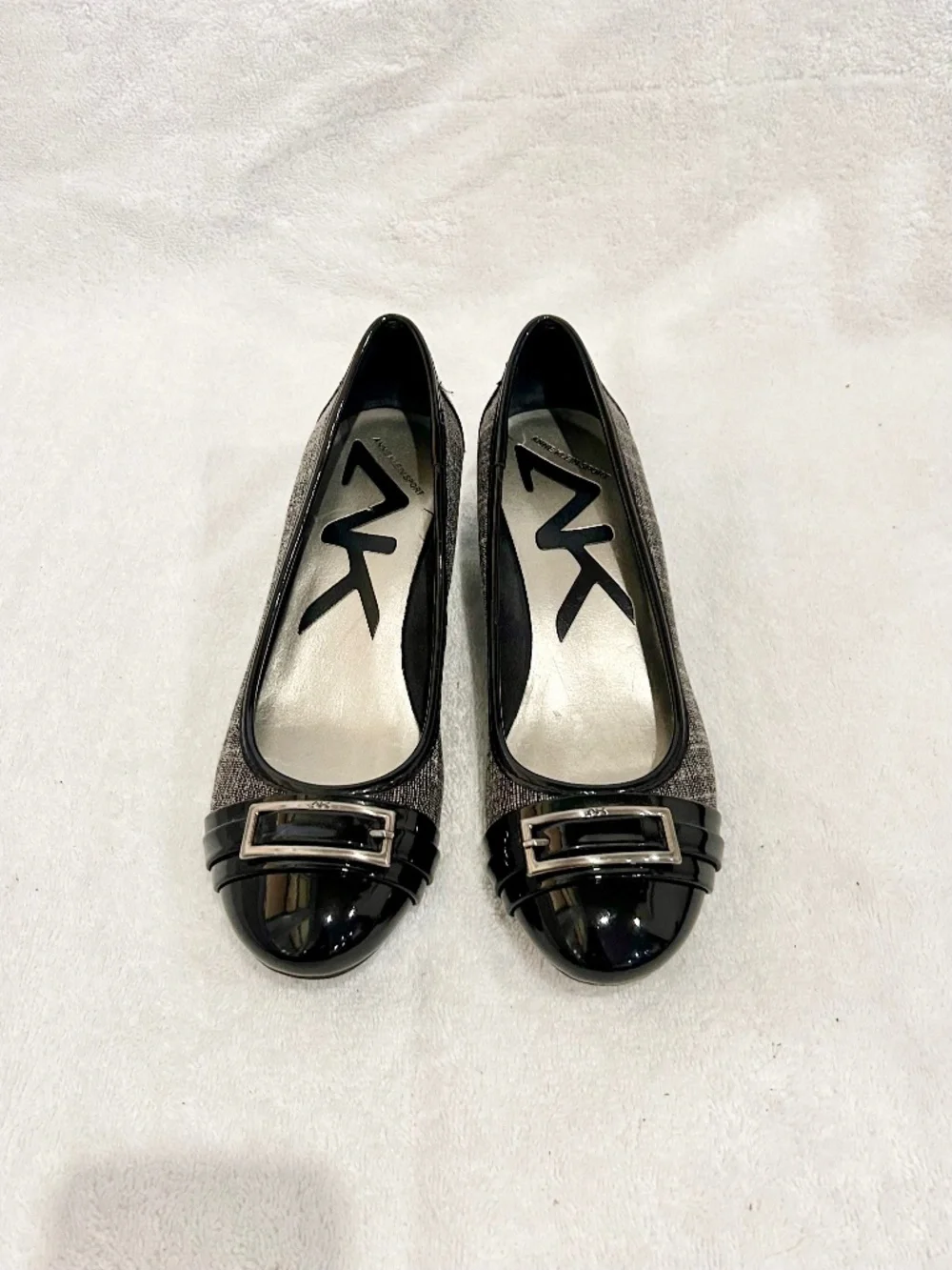 Anne Klein Flats wedge slip on with buckle bow black grey sz 7